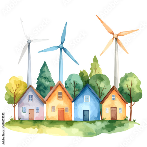 Eco-friendly houses with wind turbines generating clean energy.
