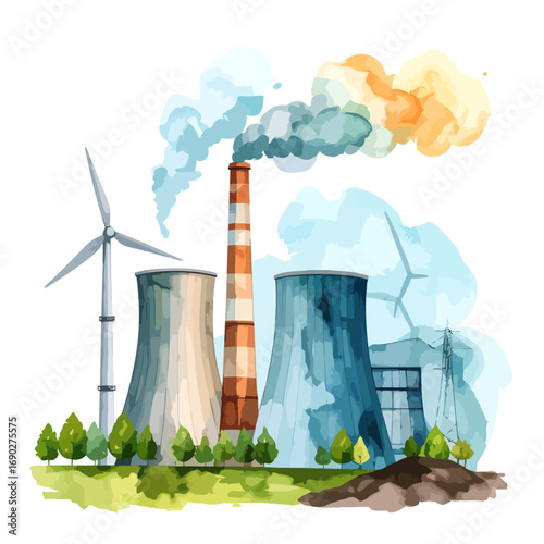 power plant with wind turbines and pollution.