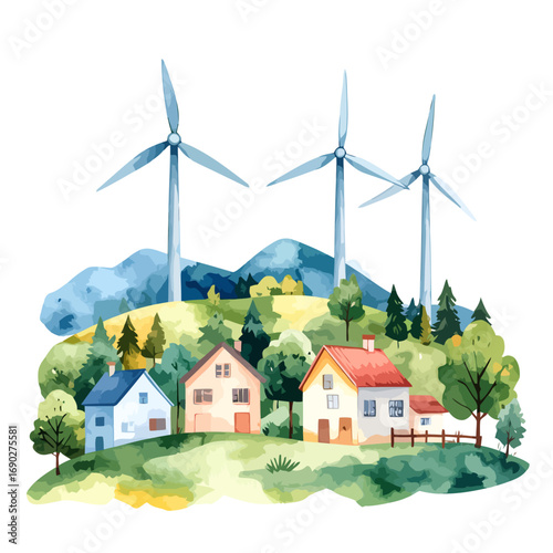 Watercolor illustration of sustainable community with wind turbines on green hills.