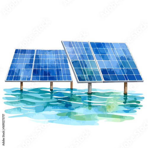 Floating solar panels on water surface generating clean energy.