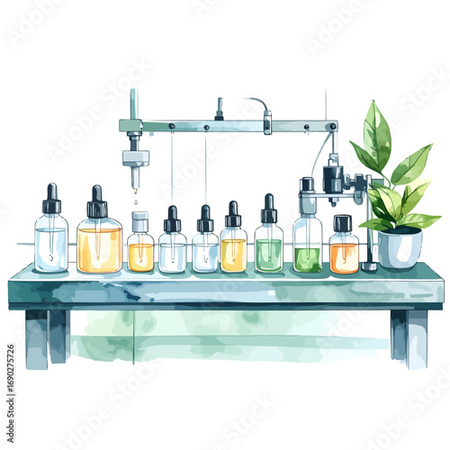 Essential oil bottling production line setup.