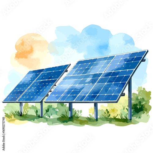 Watercolor illustration of two solar panels generating renewable energy.