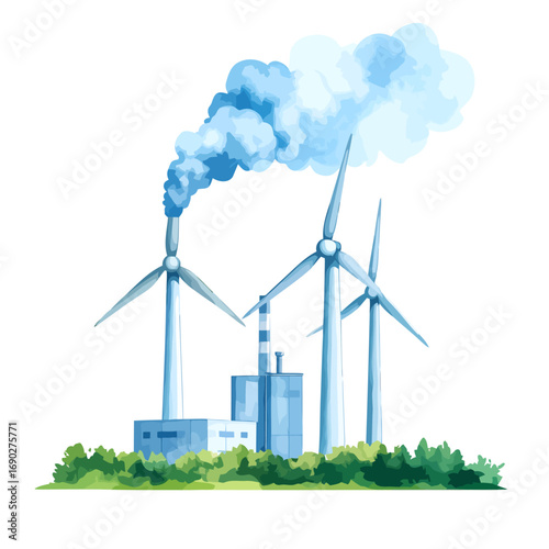 Wind turbines and factory with smoke, green energy concept.