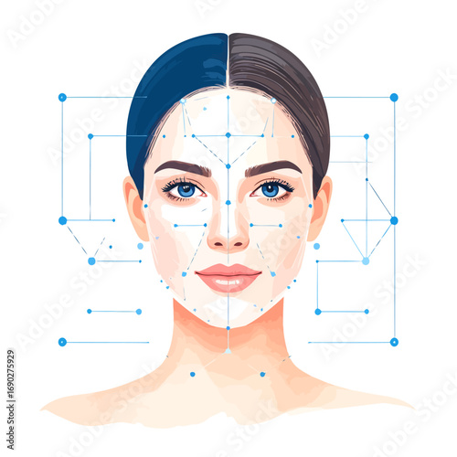 Womans Face with Facial Recognition Technology Overlay, Beauty and Technology.