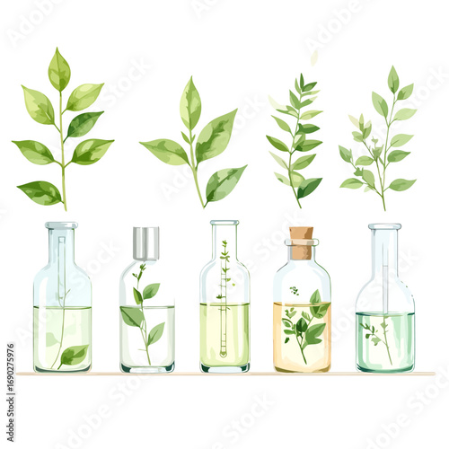Botanical extracts in laboratory bottles with green leaves.