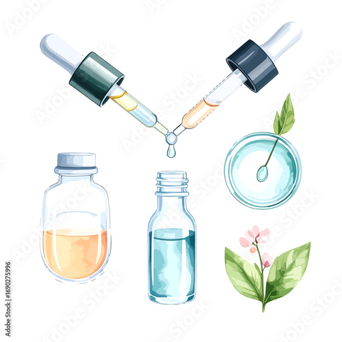 Watercolor illustration of essential oil bottles and droppers.