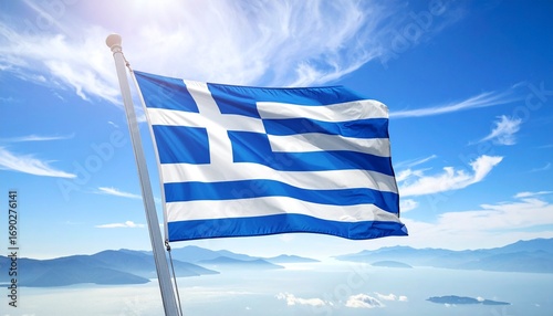 Greek Flag Waving Over Scenic Landscape