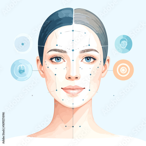 Facial acupuncture points on a womans face for beauty and health.