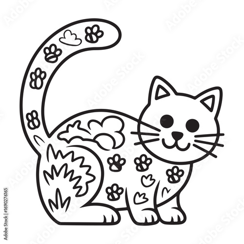 Simple outline drawing of a cute cartoon cat sitting on grass with a playful tail silhouette
