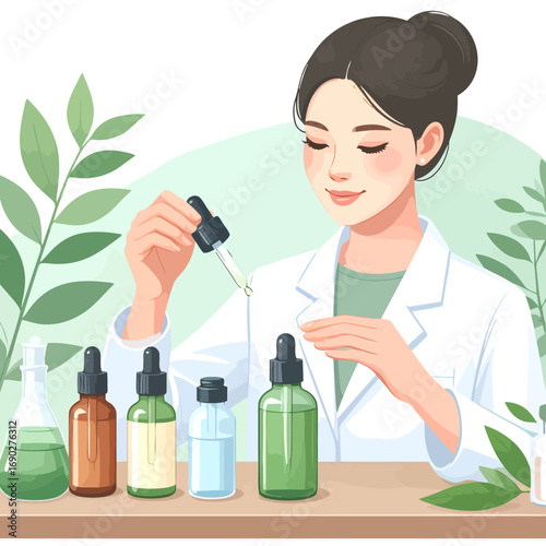 Woman scientist in lab coat with skincare products and plants.