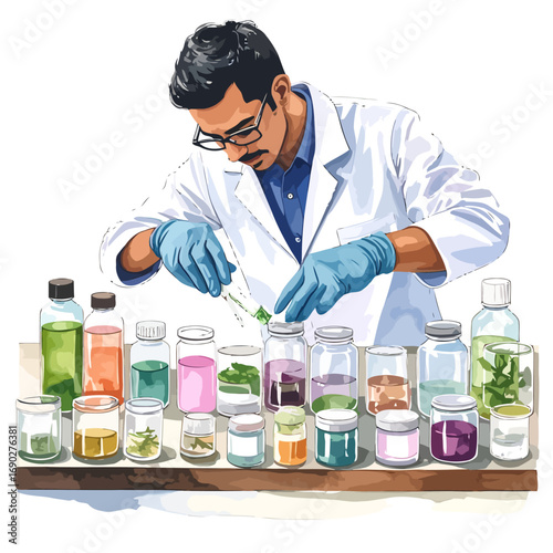 Scientist working with plant extracts and chemicals in a laboratory setting.