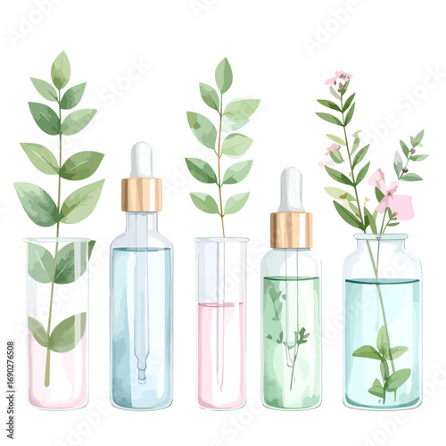 Watercolor illustration of skincare bottles with leaves and flowers.