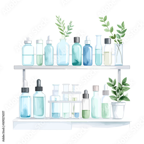 shelves with various glass bottles and containers, laboratory supplies, scientific equipment.