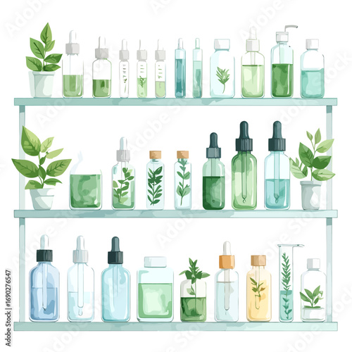 Collection of green skincare bottles and plants on shelves.