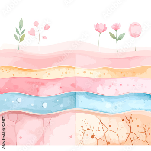 Artistic watercolor illustration of skin layers cross section.