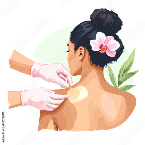 Woman receiving back waxing treatment at a beauty salon or spa for smooth skin.