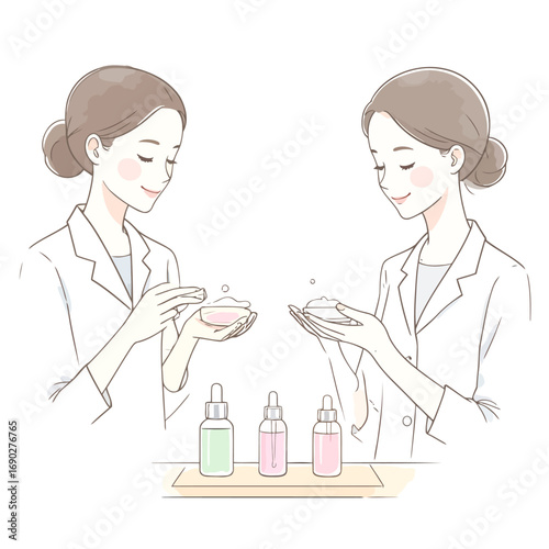 Two female scientists examining skincare products.