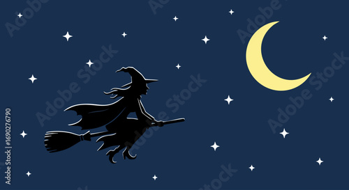 A Witch Flying on a Broomstick at Night