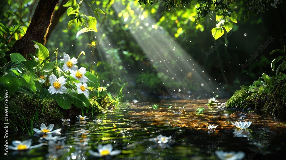Fototapeta premium Sunlit Forest Stream with White Flowers