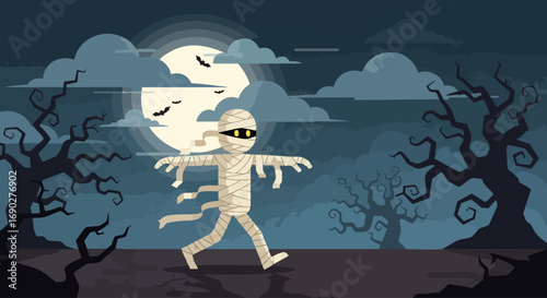 A Mummy Walking in a Spooky Landscape at Night