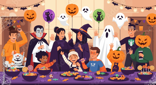 A Group of People and Children Celebrating Halloween with Costumes and Candy