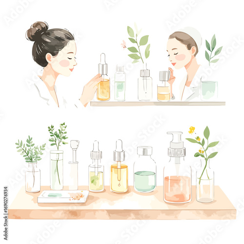 Watercolor Illustration of Skincare Products and Women on Shelves.