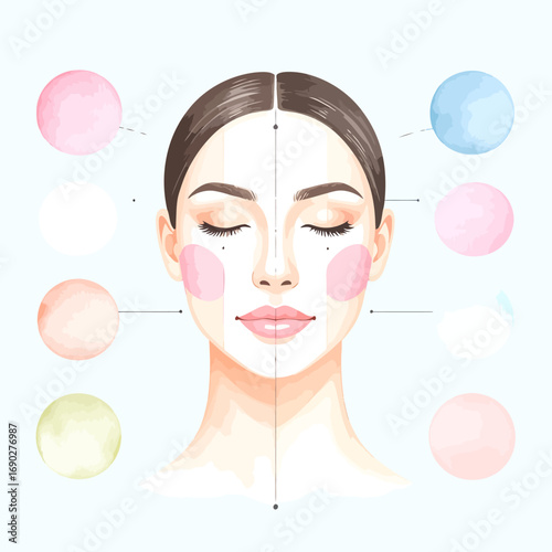 Artistic watercolor portrait of a woman with makeup color guide.