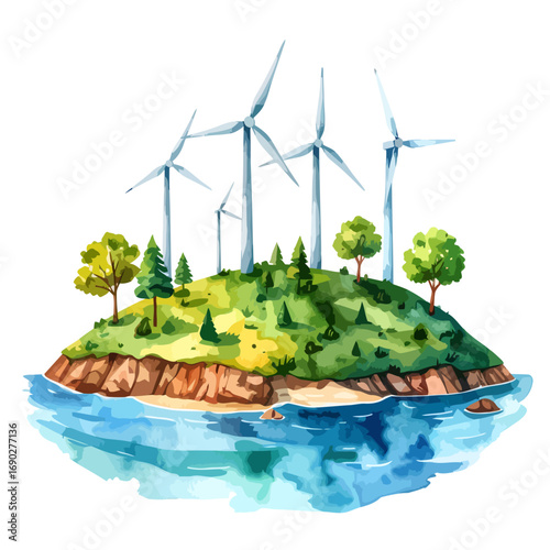 Watercolor illustration of a green island with wind turbines generating clean energy.