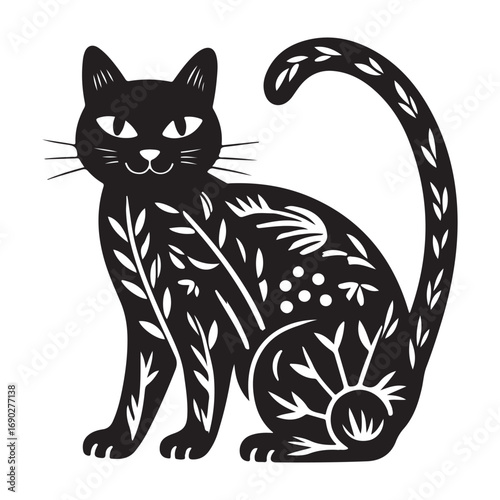 Cute cartoon cat with heart and flower patterns in a playful pose silhouette