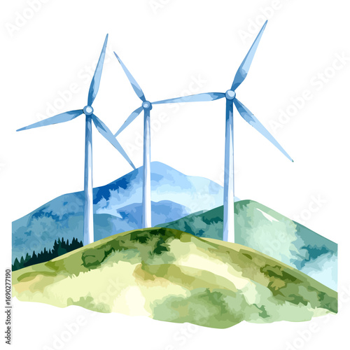 Watercolor Wind Turbines on Rolling Hills - Sustainable Energy Illustration.