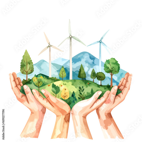 Hands holding a miniature landscape with wind turbines and trees.