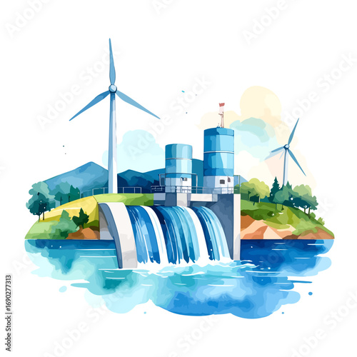 Eco Friendly Energy Concept with Hydroelectric Dam and Wind Turbines.