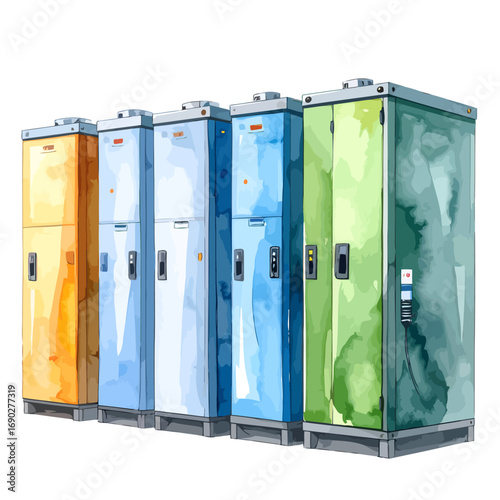Colorful industrial storage cabinets lined up in a row.