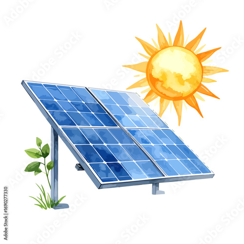 Solar panel and sun illustration for renewable energy concept.