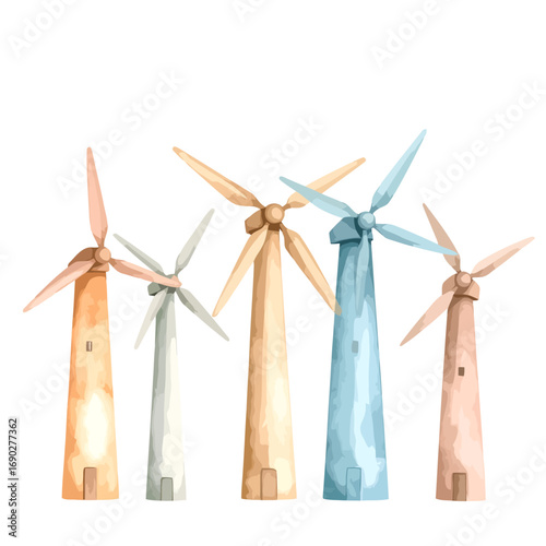 A collection of five watercolor windmills in various pastel colors.