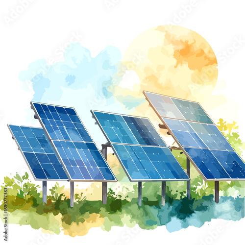 Watercolor Solar Panels Harnessing Sunlight for Clean Energy Production.