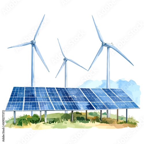 Watercolor Painting of Solar Panels and Wind Turbines for Renewable Energy.