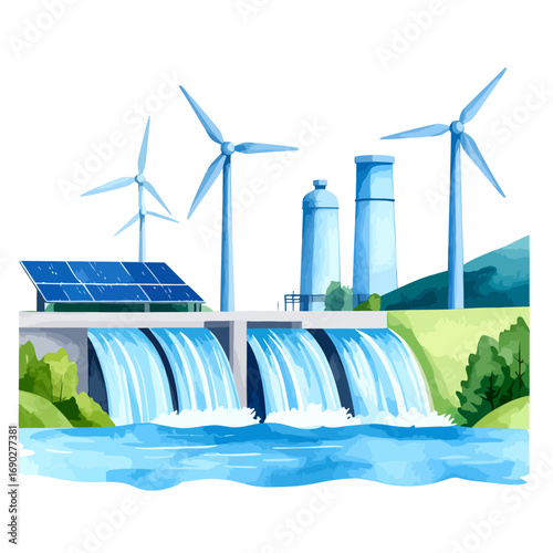 Renewable Energy Power Plant with Wind Turbines Solar Panels and Hydroelectric Dam.