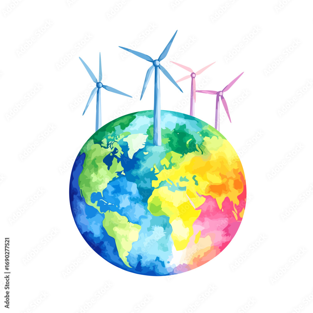 Naklejka premium Colorful watercolor Earth with wind turbines.