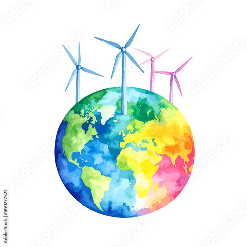 Colorful watercolor Earth with wind turbines.