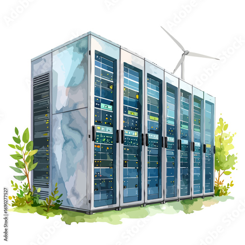 Modern data center server racks with sustainable energy concept.