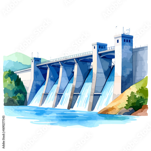 Large concrete dam with multiple spillways releasing water.