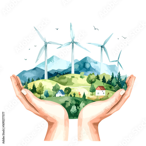 Hands holding a landscape with wind turbines, trees, and houses, promoting environmental conservation.