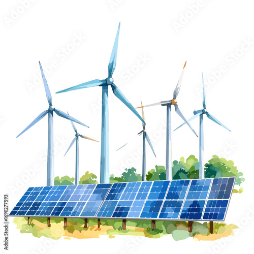 Renewable energy sources with solar panels and wind turbines.
