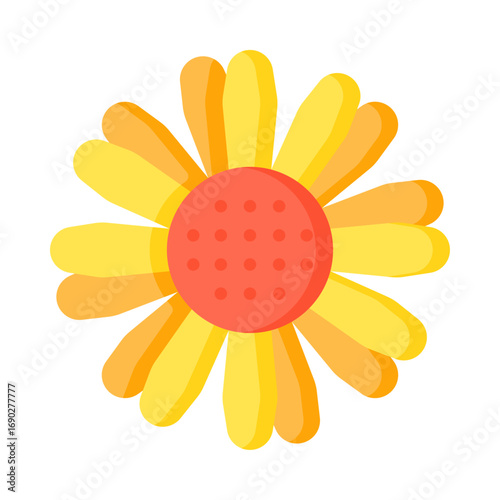 A vibrant vector illustration of a daisy-like flower with bright yellow and orange petals and a textured red-orange center.