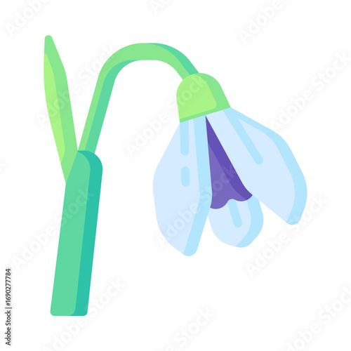 A simple and elegant vector illustration of a single drooping flower with white and purple petals on a gentle, curving green stem.