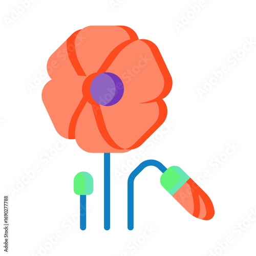 A modern vector illustration of a flowering plant with an open blossom, a bud, and a developing bud on thin stems.