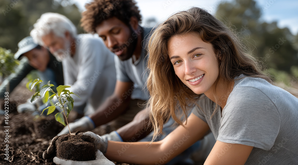 Fototapeta premium Group of people gardening outdoors, planting young tree saplings in soil, teamwork and environmental care, smiling and happy