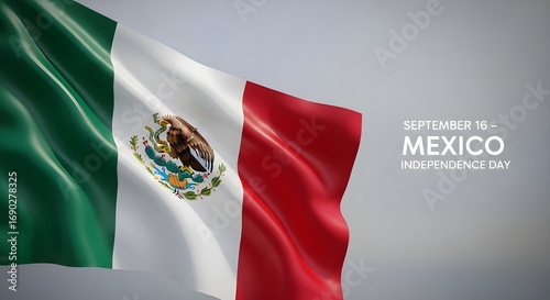 Waving mexican flag with national emblem and text