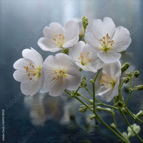 Delicate white flowers with fine petals and yellow stamens, soft focus background, gentle and serene mood